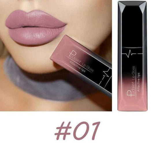 Matte pink lip gloss lipstick on lips with product packaging.