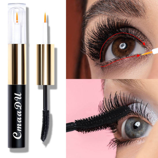 Eyelash growth liquid and mascara with brush applicators for enhancing lash length and volume.