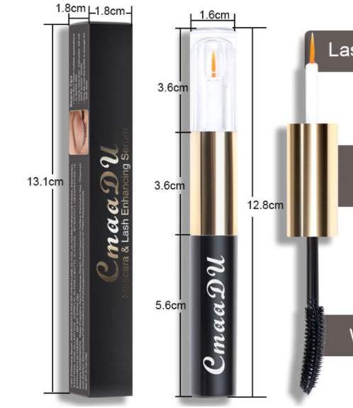 Eyelash growth liquid and mascara set in black with packaging measurements.