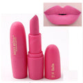 Matte pink lipstick with moisturizing formula and long-lasting wear, shown in open and closed packaging with lip color swatch - Vividbella