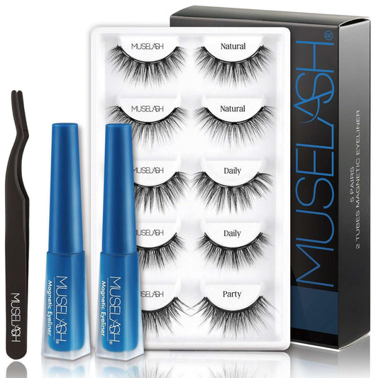 Magnetic false eyelash set with five pairs of lashes, two eyeliner pens, and a tweezer in a stylish package.