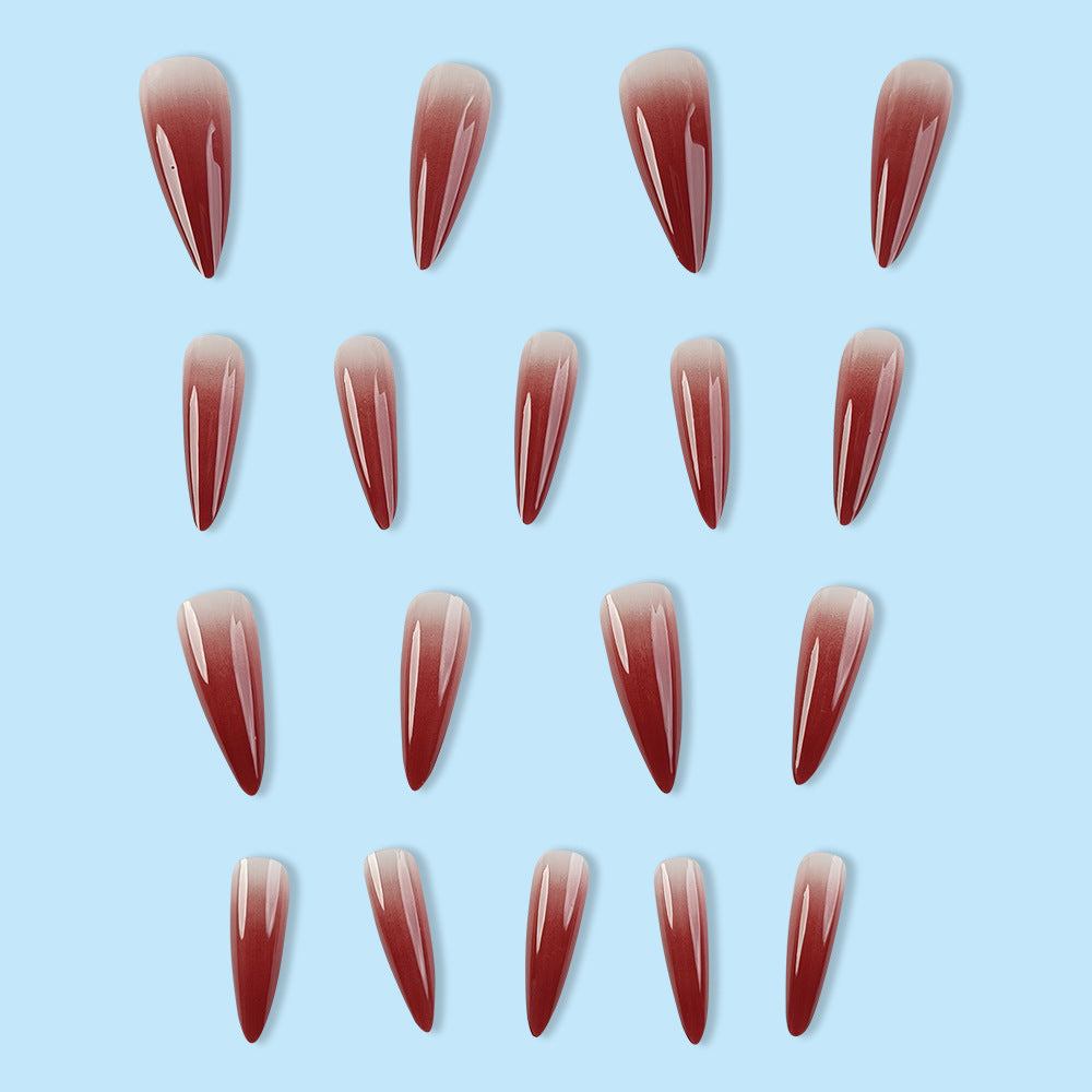 Foreign Trade Hot Selling Wearable Nail Sticker Elegant White Drop Shape Wine Red Gradient Fake Nail Patch Nails - vividbella