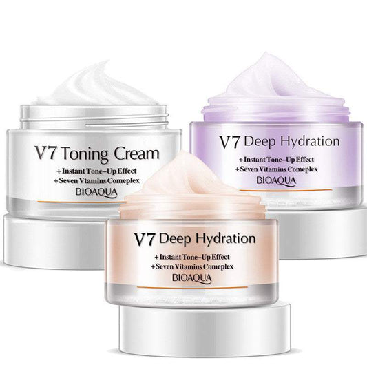 Cream jars showcasing V7 Deep Hydration and Toning Cream with instant tone-up effect and vitamins.