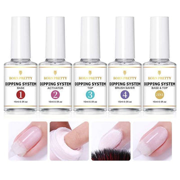 BORN PRETTY Dipping System set with Base & Top Coat, Activator, and Brush Saver for nail care.