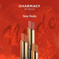 CHARMACY Nude Moist Luxury Lipstick with 8 natural colors, creamy texture, and shimmer finish.