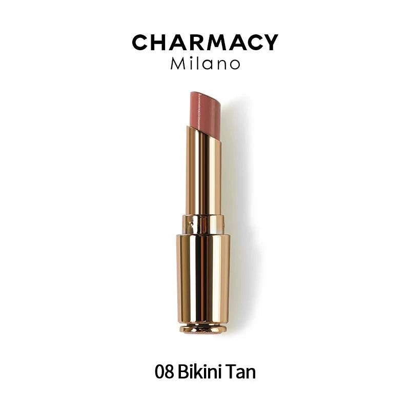 CHARMACY Nude Moist Luxury Lipstick with 8 natural colors, creamy texture, and shimmer finish.