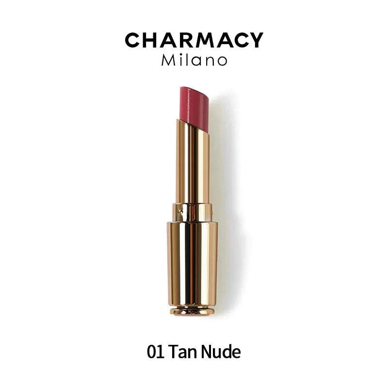 CHARMACY Nude Moist Luxury Lipstick with 8 natural colors, creamy texture, and shimmer finish.