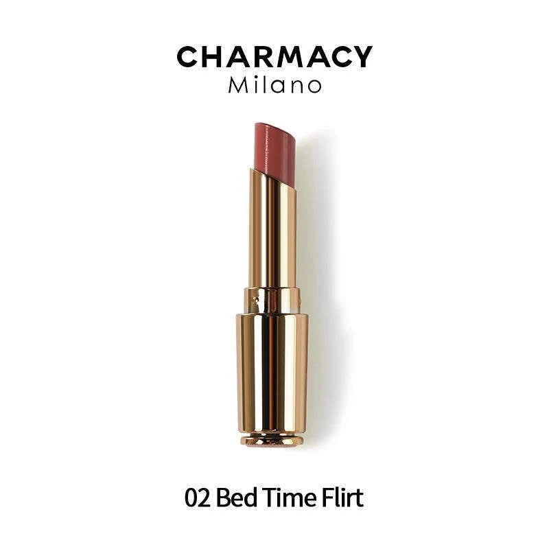 CHARMACY Nude Moist Luxury Lipstick with 8 natural colors, creamy texture, and shimmer finish.