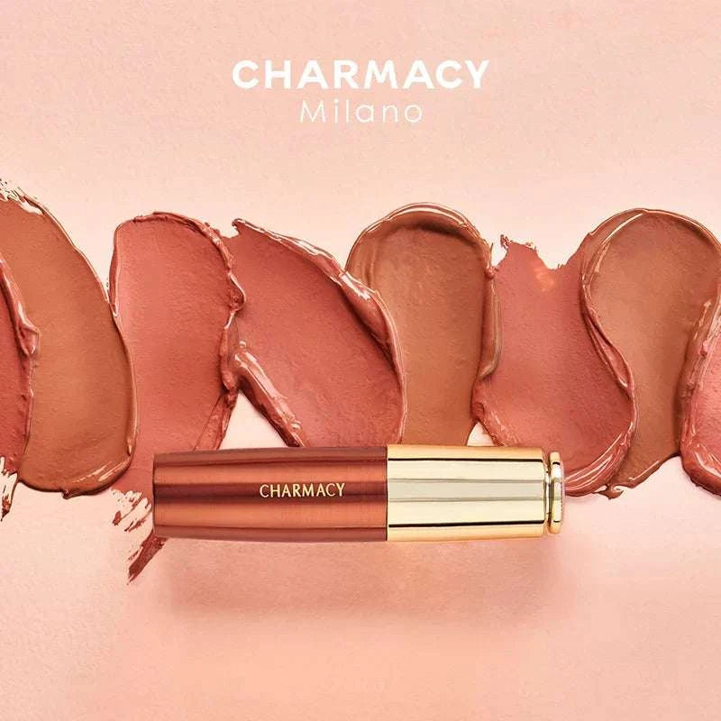 CHARMACY Nude Moist Luxury Lipstick with 8 natural colors, creamy texture, and shimmer finish.