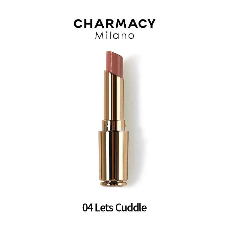 CHARMACY Nude Moist Luxury Lipstick with 8 natural colors, creamy texture, and shimmer finish.