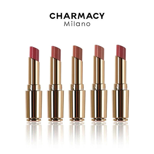 CHARMACY Nude Moist Luxury Lipstick with 8 natural colors, creamy texture, and shimmer finish.