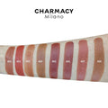 CHARMACY Nude Moist Luxury Lipstick with 8 natural colors, creamy texture, and shimmer finish.