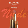 CHARMACY Nude Moist Luxury Lipstick with 8 natural colors, creamy texture, and shimmer finish.