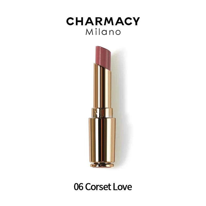 CHARMACY Nude Moist Luxury Lipstick with 8 natural colors, creamy texture, and shimmer finish.