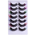 7 pairs of colorful volume fake mink eyelashes in packaging.