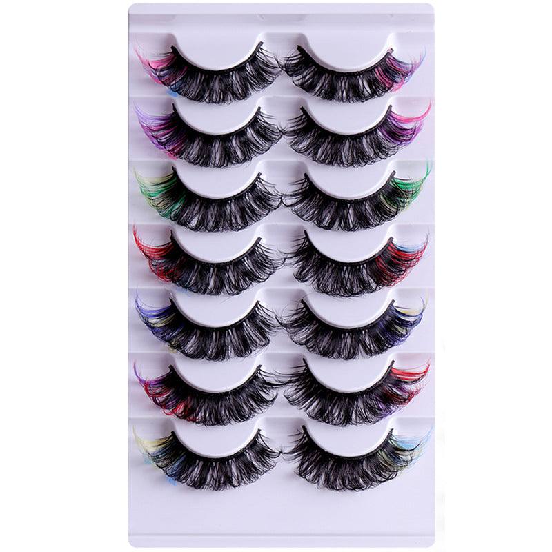 7 pairs of colorful volume fake mink eyelashes in packaging.