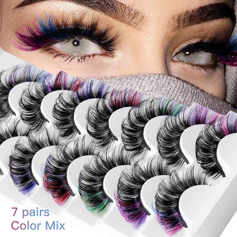 7 pairs of colorful volume fake eyelashes with mixed colors and LD curve, ideal for a glamorous look.