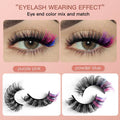 Colorful fake eyelashes in purple pink and powder blue, showcasing vibrant mixed color ends for a glamorous eye effect.