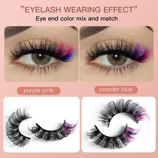 Colorful fake eyelashes in purple pink and powder blue, showcasing vibrant mixed color ends for a glamorous eye effect.