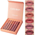 6-color liquid lipstick set with smooth, velvety texture and long-lasting, waterproof formula.