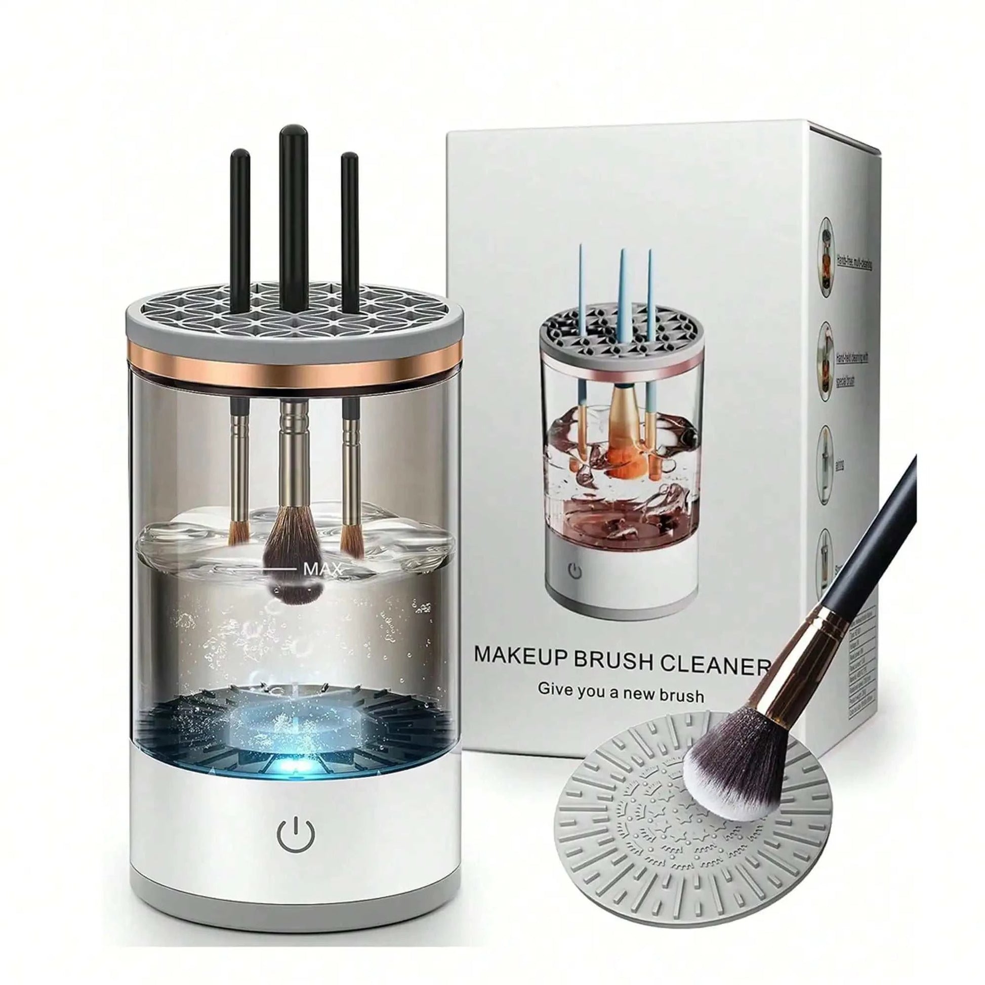 Electric makeup brush cleaner machine with cleansing brushes and packaging.