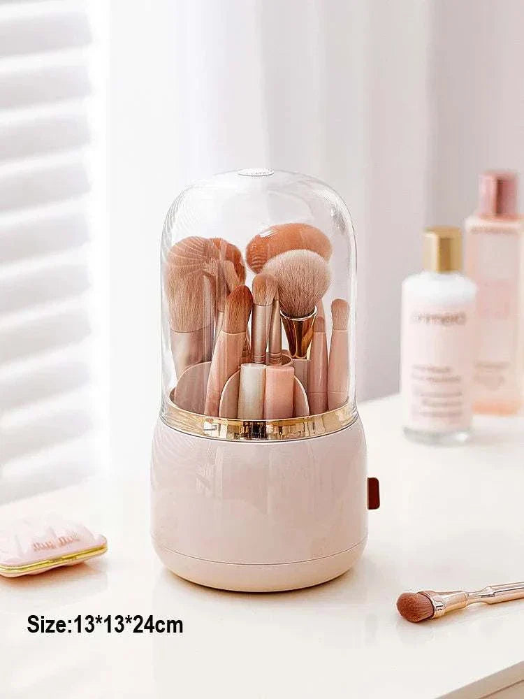 360° rotating makeup brushes holder with clear cover and storage compartments, portable desktop cosmetic organizer.