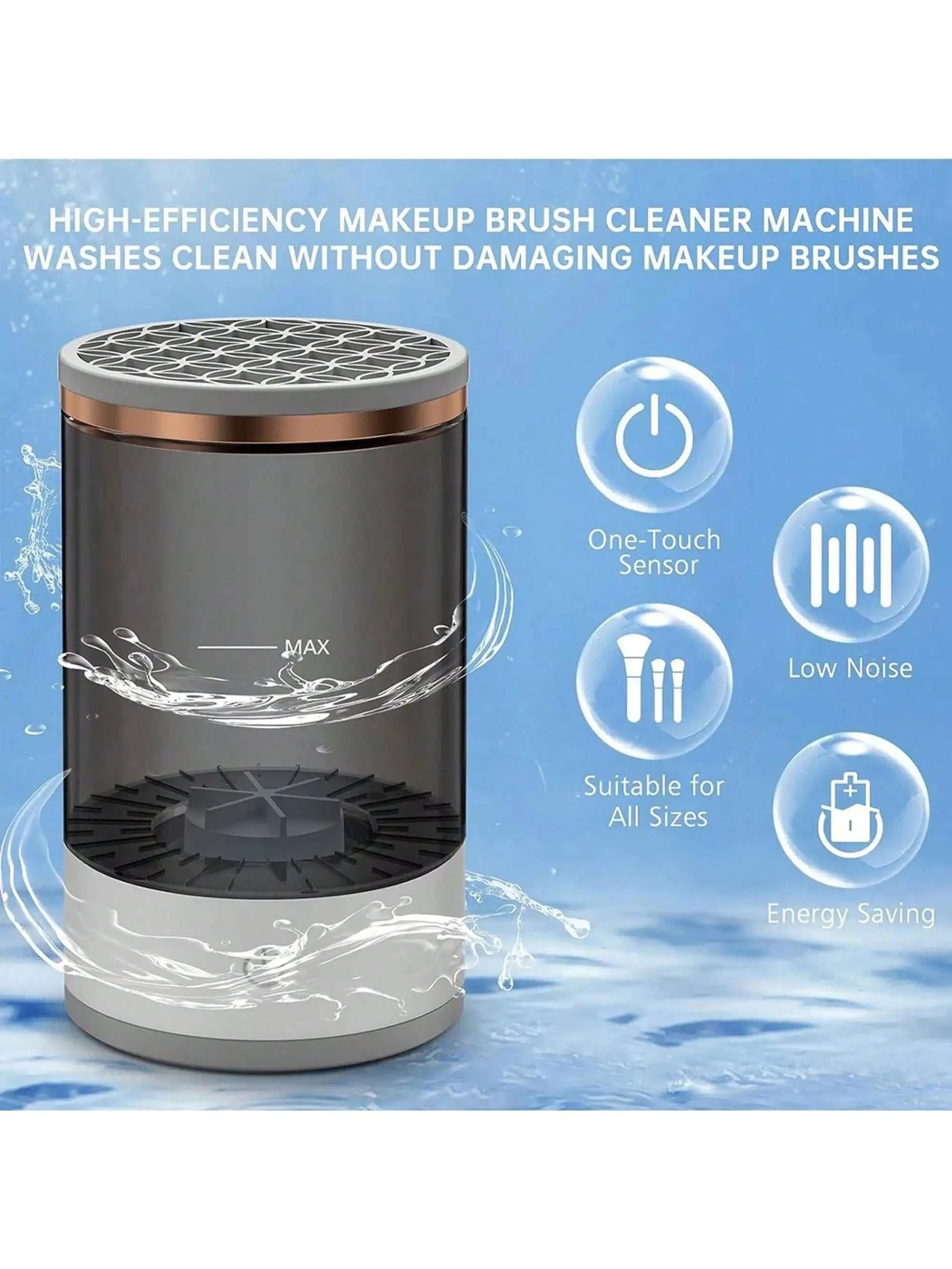 Electric makeup brush cleaner machine with cleansing brushes and packaging.