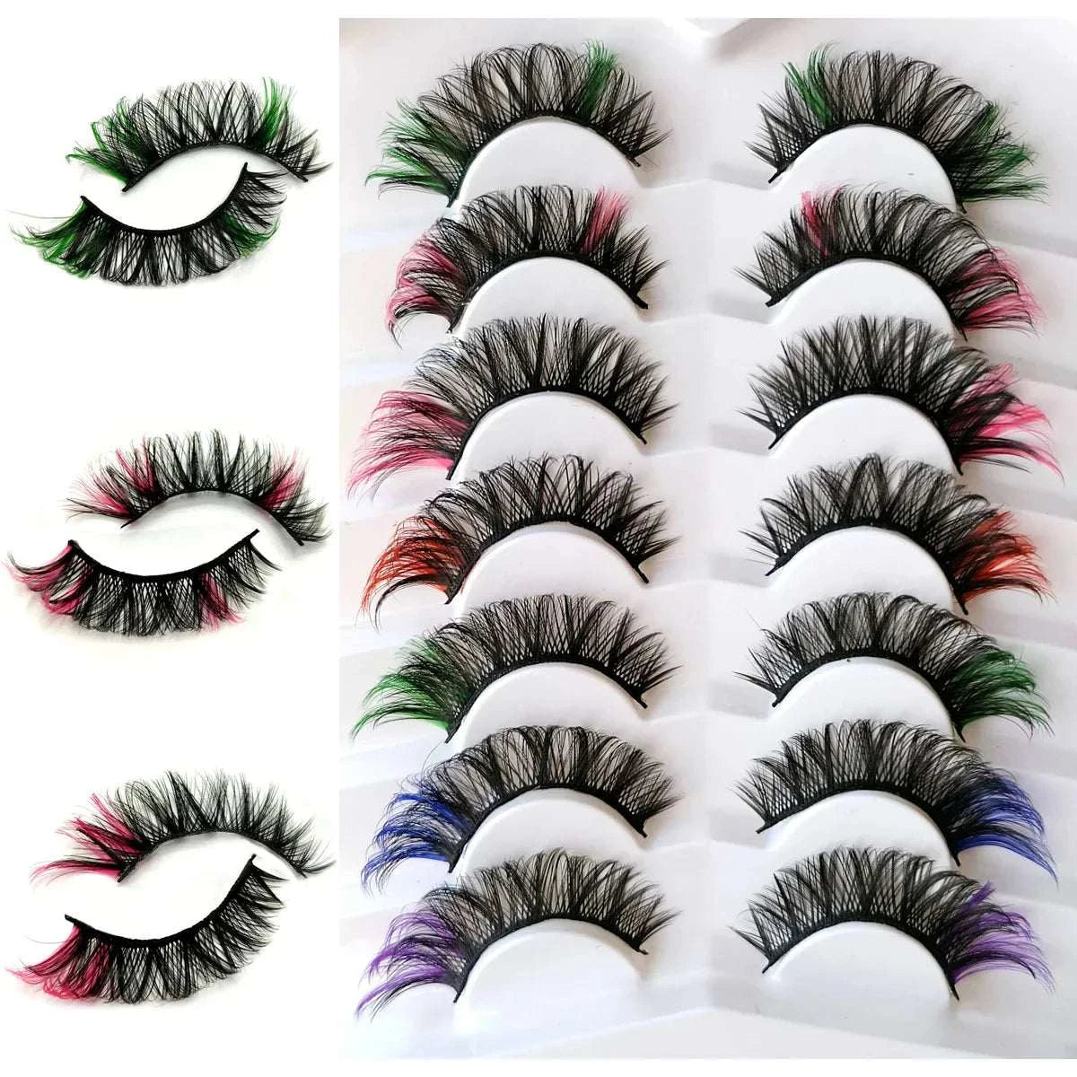 7 pairs of colorful volume fake eyelashes with mixed vibrant mink fibers.