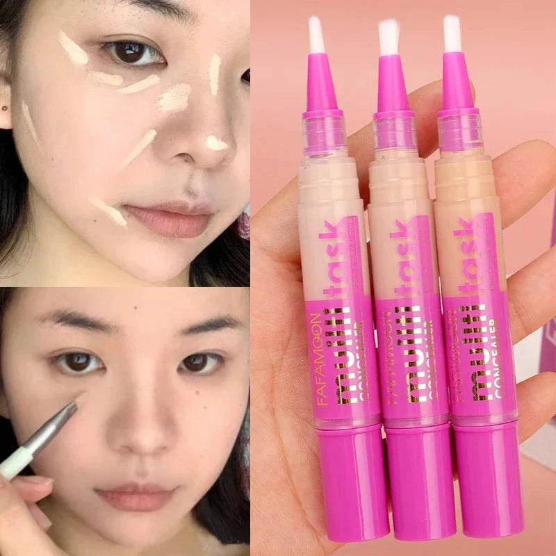 Liquid concealer pen for full coverage of dark circles, acne, pores; matte finish makeup.