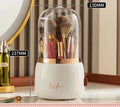 360° rotating makeup brushes holder with clear cover and storage compartments, portable desktop cosmetic organizer.