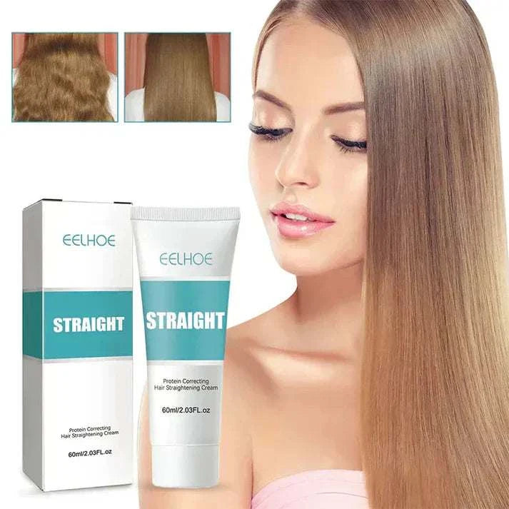 Silk & Gloss Hair Straightening Cream with packaging and model showcasing straight hair.