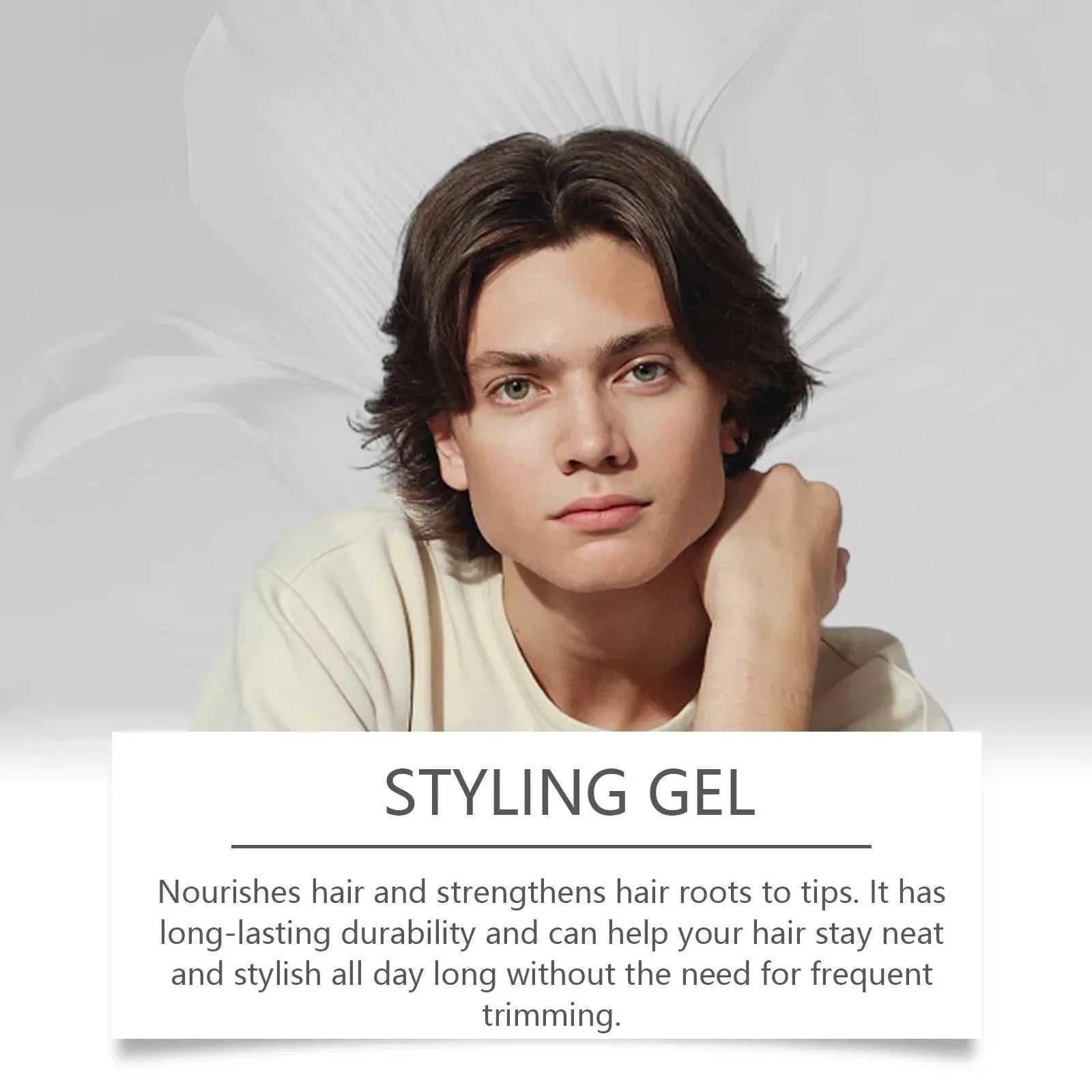 Men Hair Styling Gel tube and box with model, strong hold, long-lasting styling.