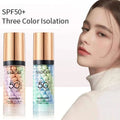 Face makeup primer tri-colour cream with SPF50+ PA+++ for sun protection and even skin tone.