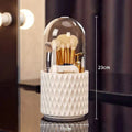 360° rotating makeup brushes holder with clear cover and storage compartments, portable desktop cosmetic organizer.