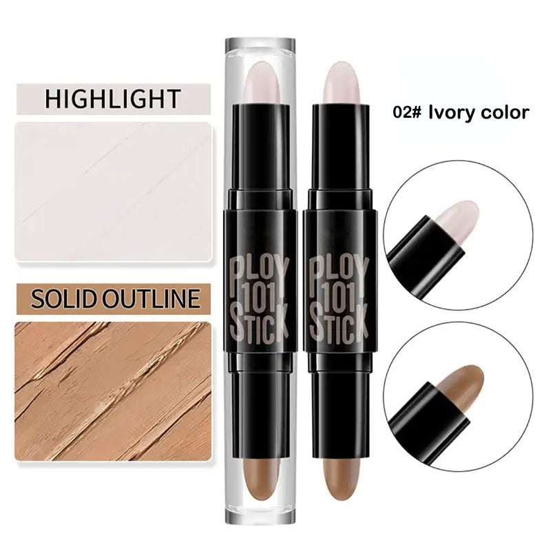 Makeup base foundation cream stick with highlight and contour options, ivory color.