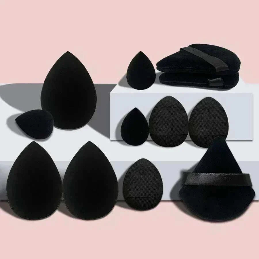 12/14 Piece Makeup Sponge Set with storage bottle, various pink cosmetic sponges on a light pink background.