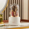 360° rotating makeup brushes holder with clear cover and storage compartments, portable desktop cosmetic organizer.