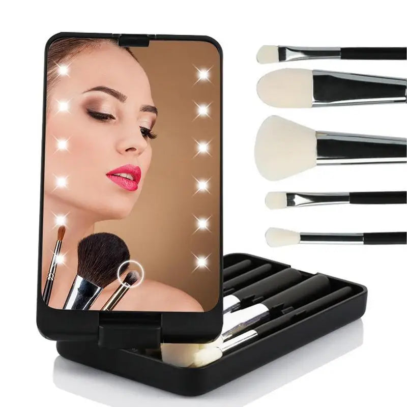 Travel Makeup Brush Set with LED light includes mirror and 5 essential brushes for flawless application on the go.