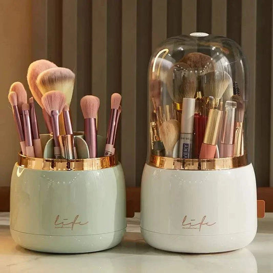 360° rotating makeup brushes holder with clear cover and storage compartments, portable desktop cosmetic organizer.