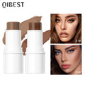 QIBEST Contour Stick in various shades with packaging and makeup examples.