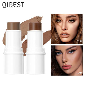 QIBEST Contour Stick in various shades with packaging and makeup examples.