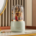 360° rotating makeup brushes holder with clear cover and storage compartments, portable desktop cosmetic organizer.