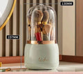 360° rotating makeup brushes holder with clear cover and storage compartments, portable desktop cosmetic organizer.