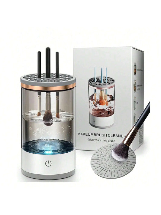 Electric makeup brush cleaner machine with cleansing brushes and packaging.