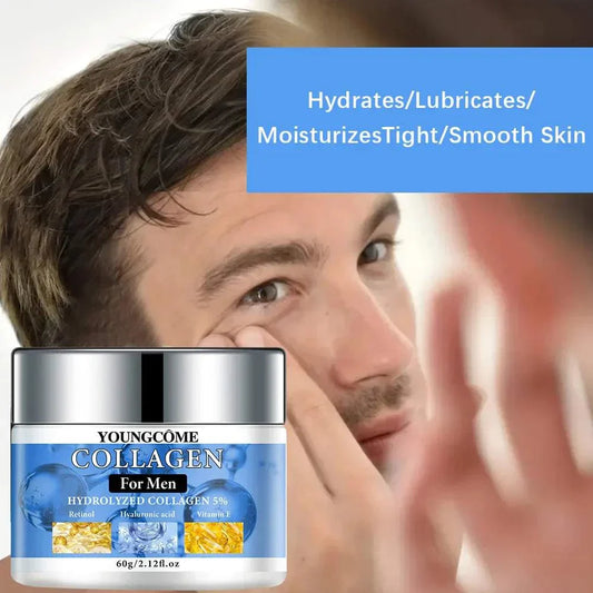 Collagen firming and moisturizing cream for men with retinol, vitamin E, and hyaluronic acid for smooth, brightened skin.