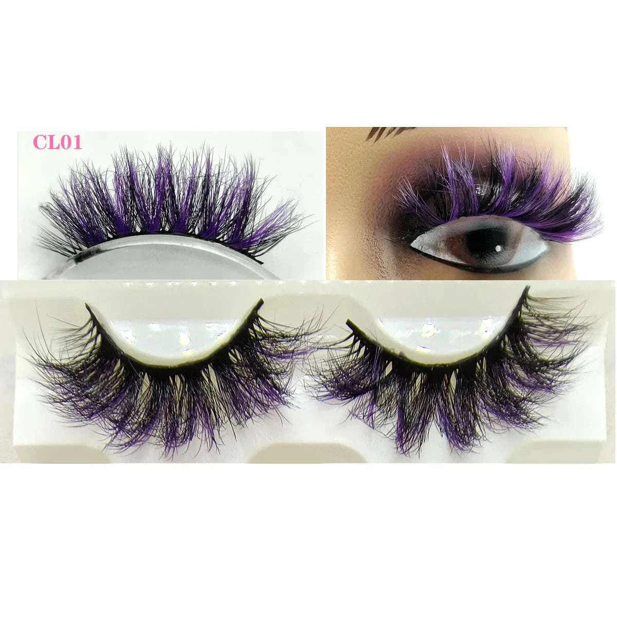 7 pairs of colored volume fake eyelashes with vibrant purple mink lashes for a glamorous look.