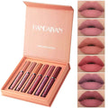 Liquid Lipstick set of six shades in a peach box, showcasing smooth, velvety, waterproof lip colors.