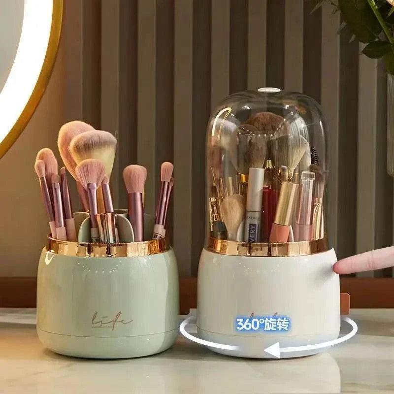 360° rotating makeup brushes holder with clear cover and storage compartments, portable desktop cosmetic organizer.