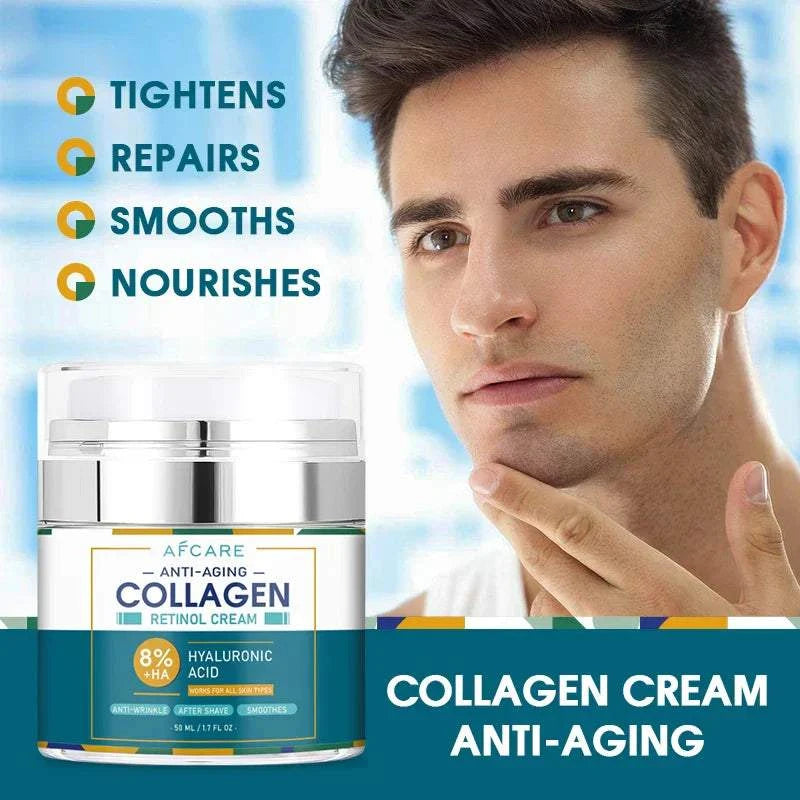 Unisex anti-aging 8% HA Collagen face cream, moisturizes, lifts, and firms skin.