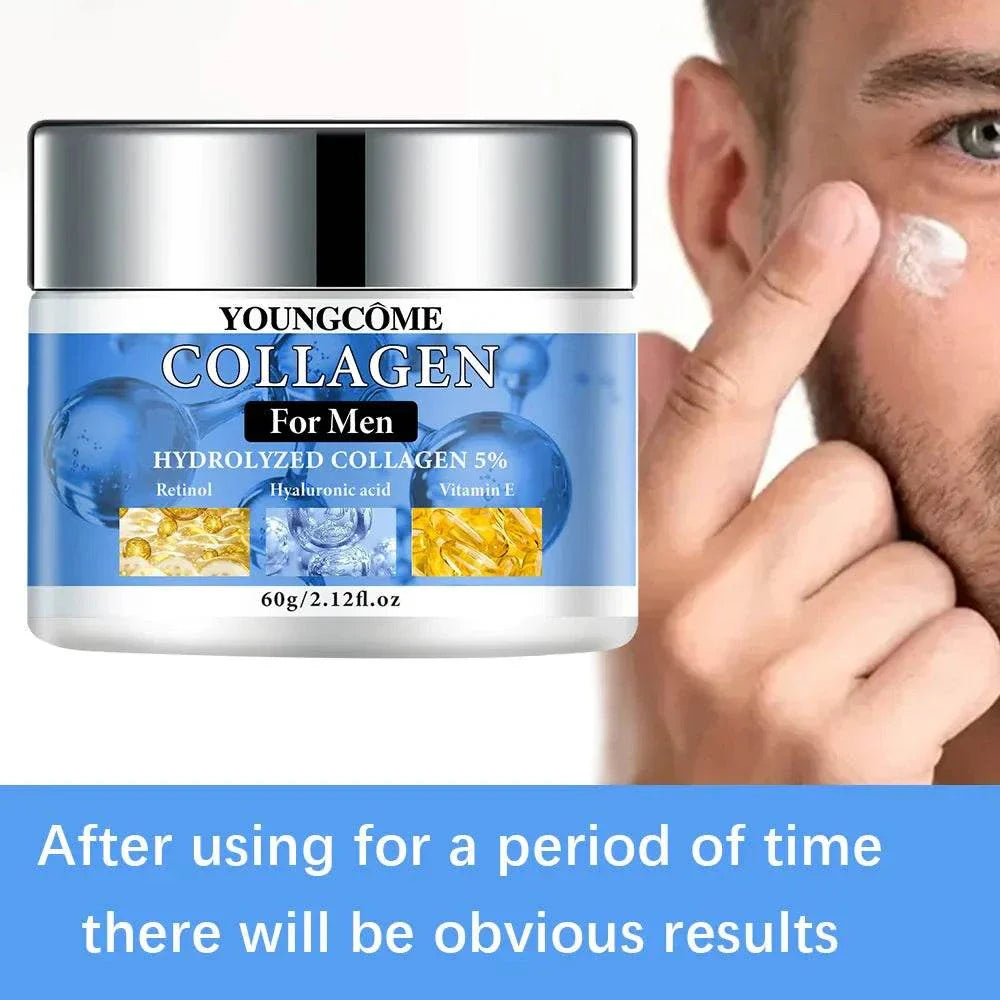 Collagen firming and moisturizing cream for men with retinol, vitamin E, and hyaluronic acid for smooth, brightened skin.